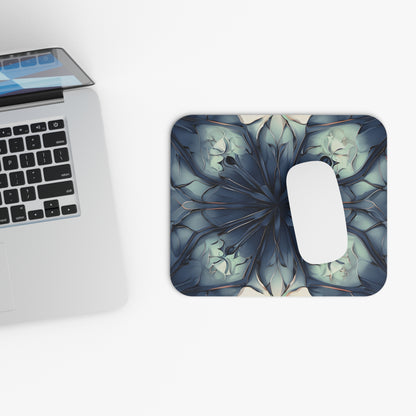 Indigo Mosaic mouse pad beside laptop displaying indigo mosaic artwork