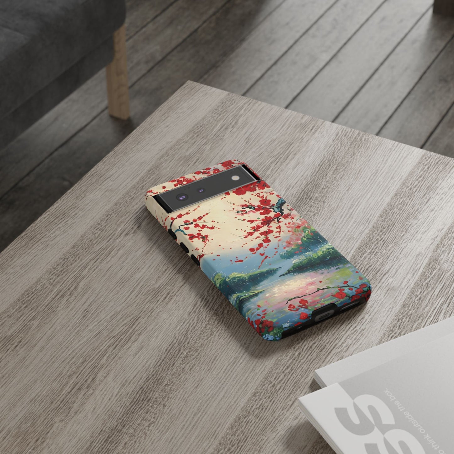 Crimson Blossom Lake - Artistic Floral Landscape Google Pixel 6 Tough Phone Case - Red Cherry Blossoms & Serene Lake Design