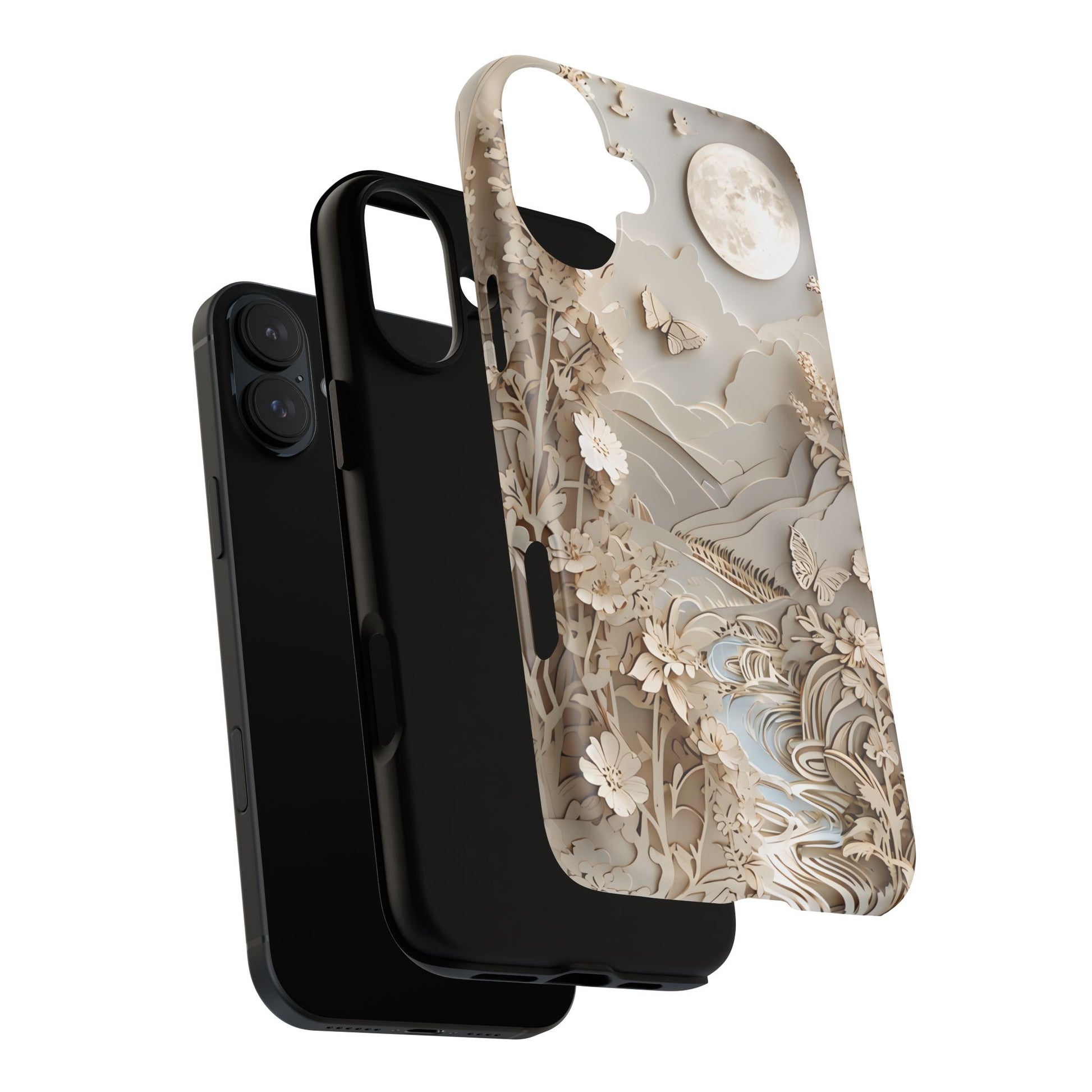 Moonlit Garden - Elegant Neutral Floral iPhone 16 Plus MagSafe Phone Case - Painterly Botanical & Moon Design