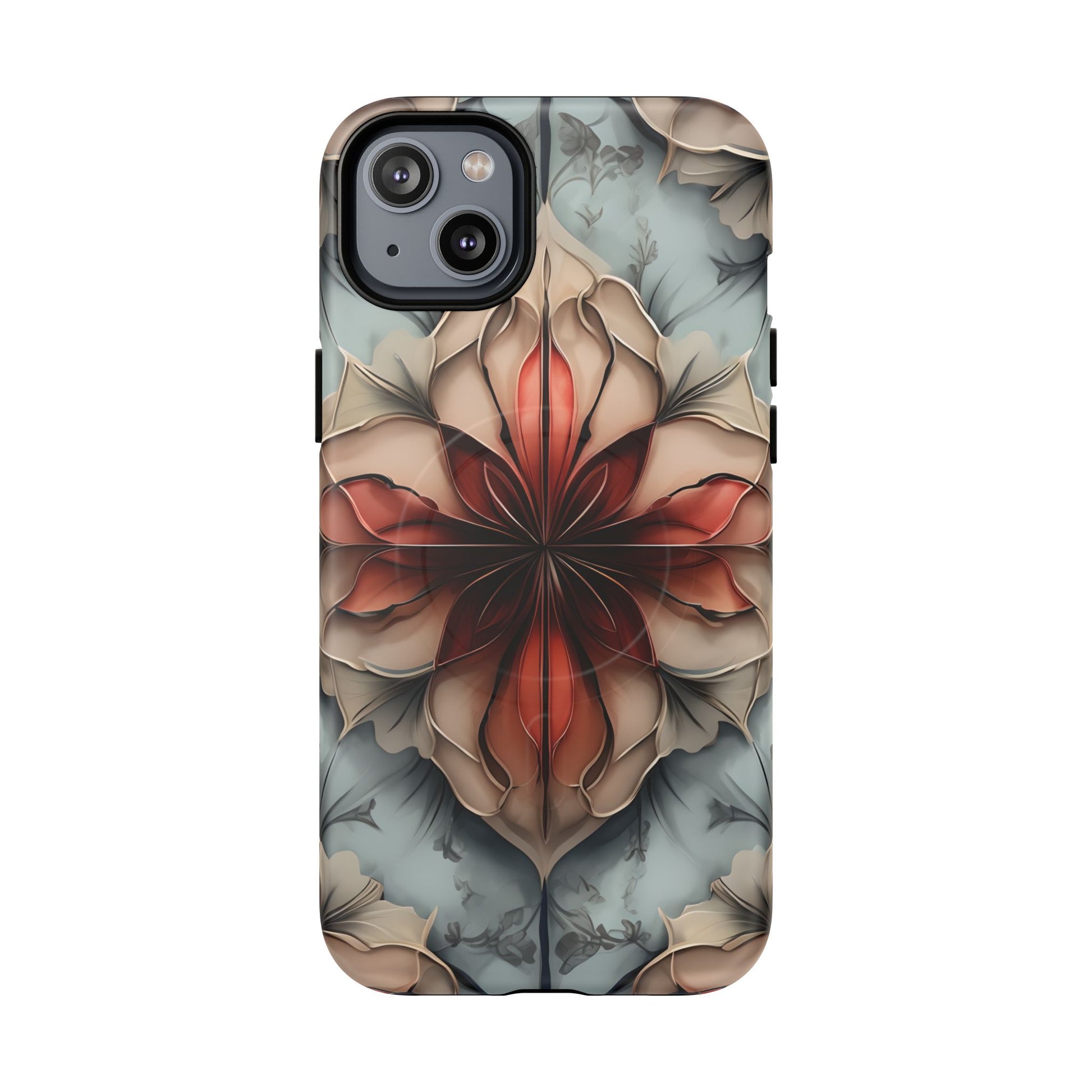 Ember Bloom - Kaleidoscope Collection Artistic Floral iPhone 14 Plus MagSafe Phone Case - Fiery Symmetrical Design