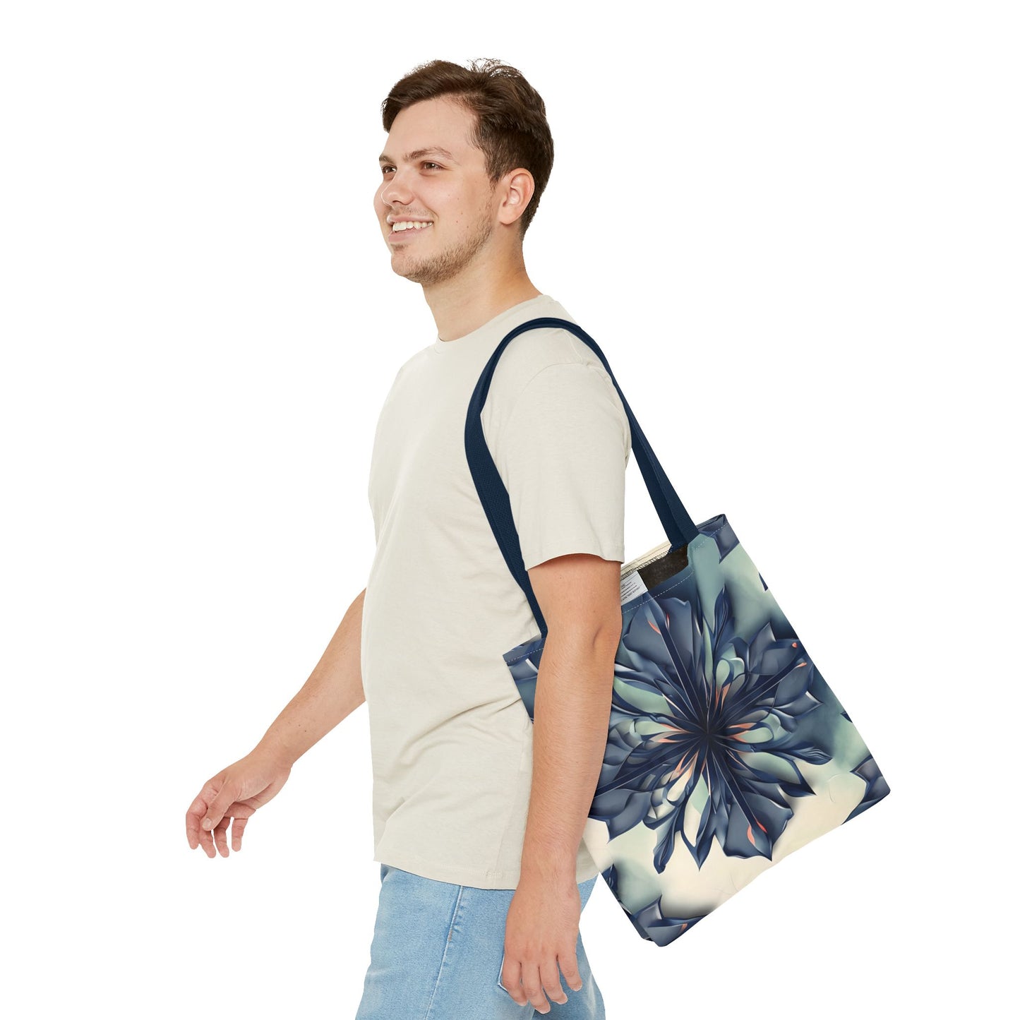 Frosted Indigo Bloom Tote Bag (16x16 & 18x18)- Navy Blue Floral Burst on Cream Canvas with Navy Handle, Reusable & Stylish