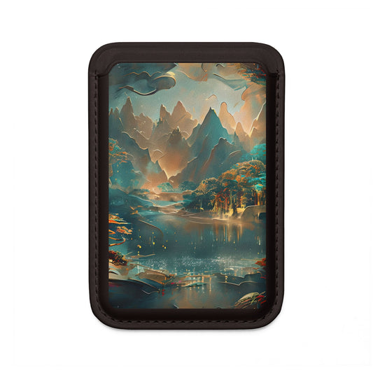 Misty Horizon MagSafe card holder with serene mountain and lake landscape on black magnetic wallet.