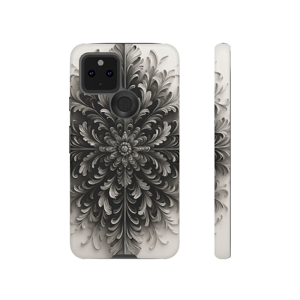Obsidian Bloom - Elegant Black & White Google Pixel 5 5G Tough Phone Case - Intricate Mandala Flower Design