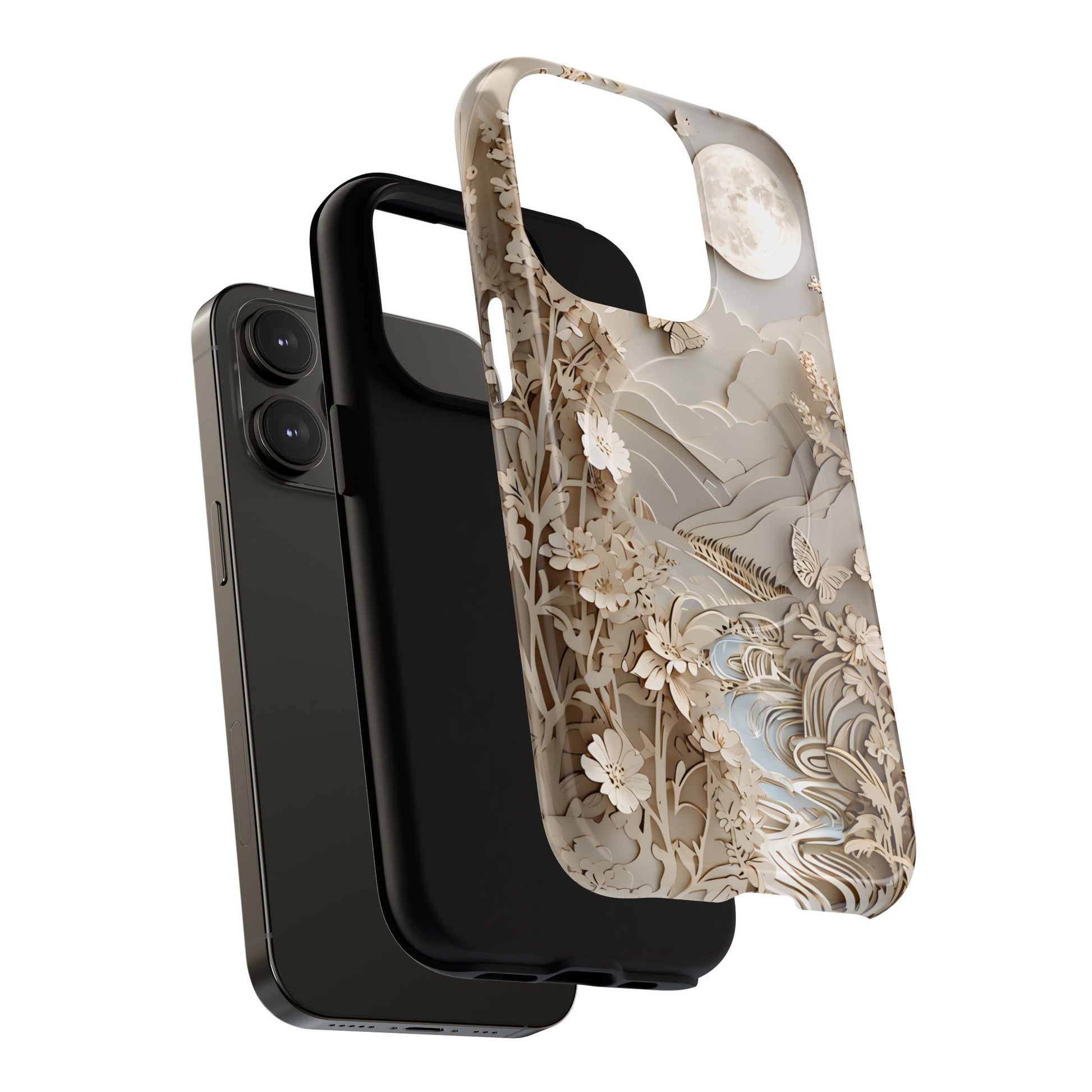 Moonlit Garden - Elegant Neutral Floral iPhone 14 Pro MagSafe Phone Case - Painterly Botanical & Moon Design