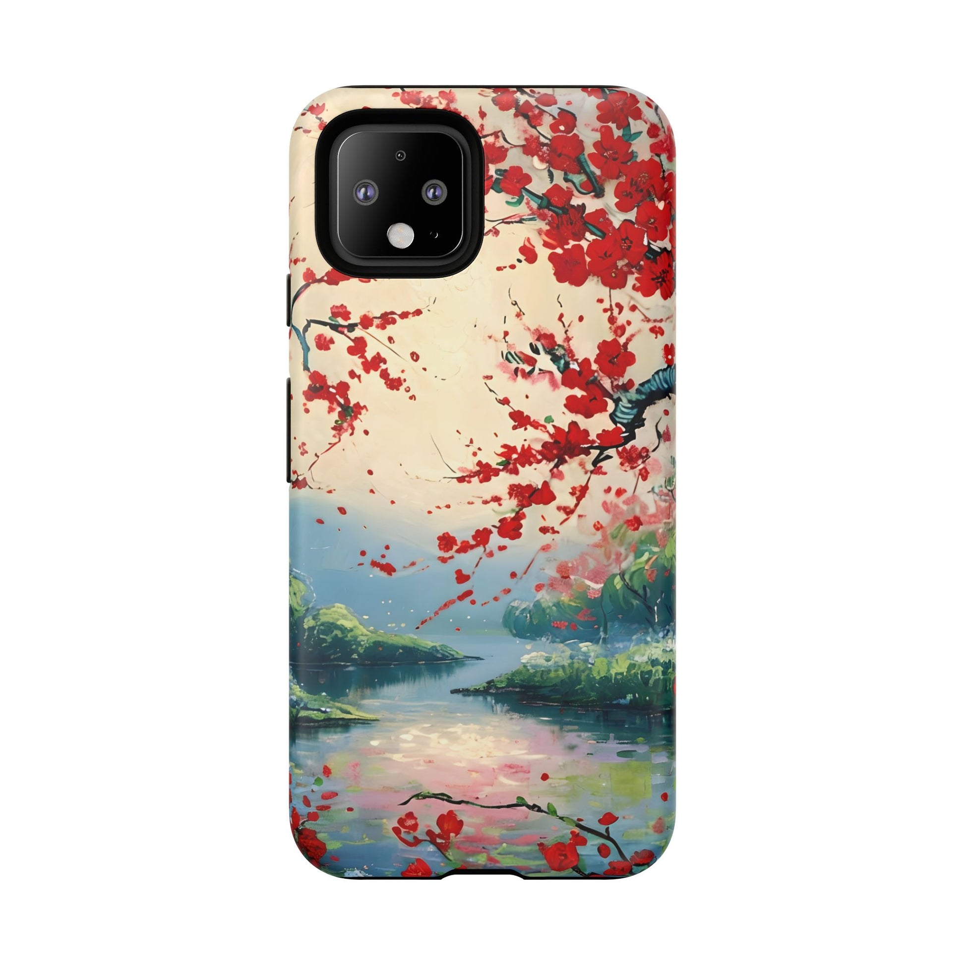 Crimson Blossom Lake - Artistic Floral Landscape Google Pixel 4 Tough Phone Case - Red Cherry Blossoms & Serene Lake Design