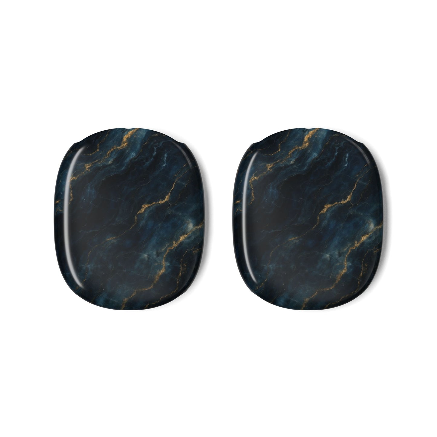 Midnight Marble Navy AirPods Max ear cup covers with dark blue marble pattern and fine gold veins, flat product view
