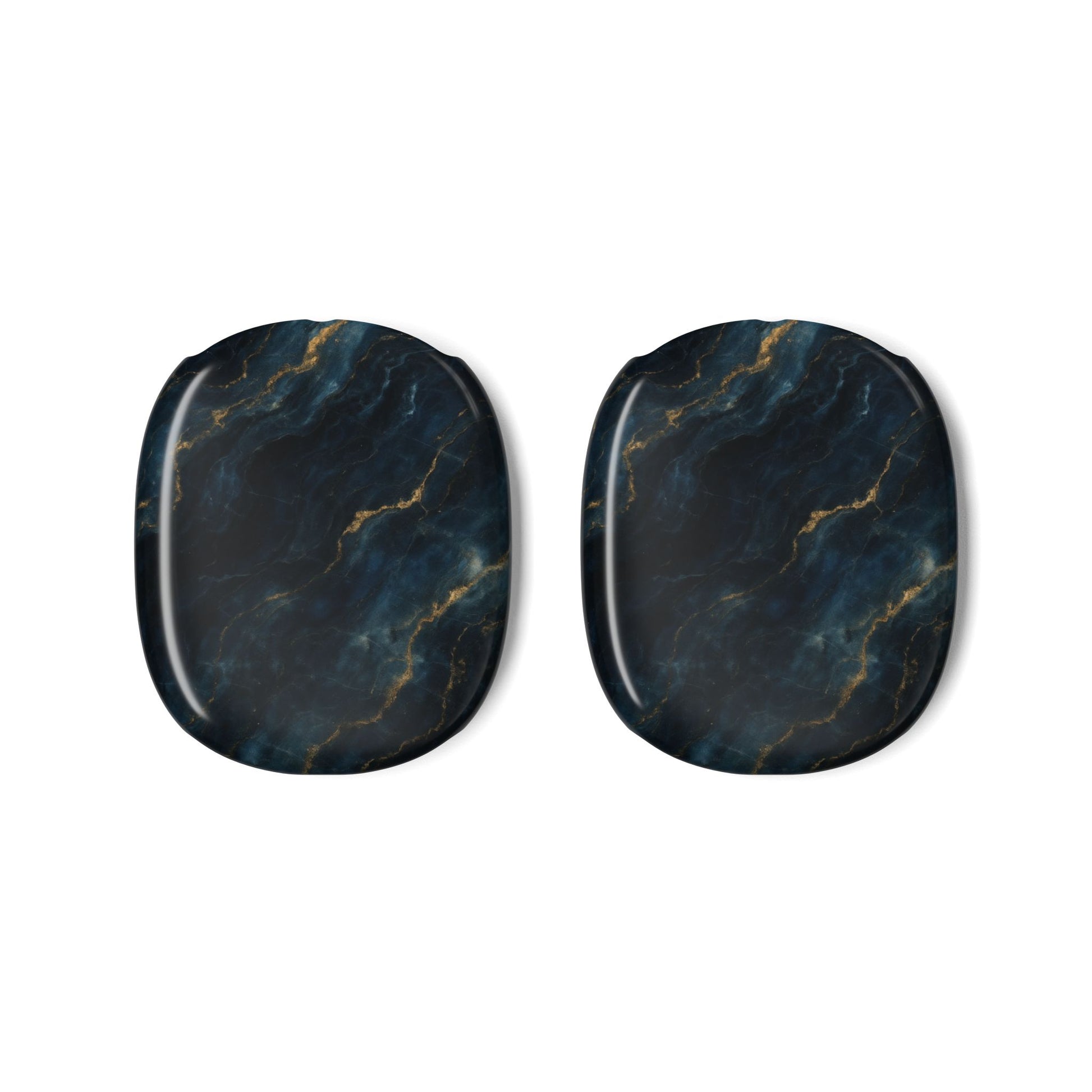 Midnight Marble Navy AirPods Max ear cup covers with dark blue marble pattern and fine gold veins, flat product view