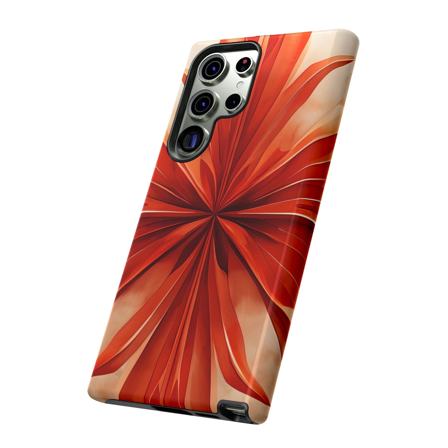 Sunset Fleur orange flower burst artwork Samsung Galaxy phone case angled view