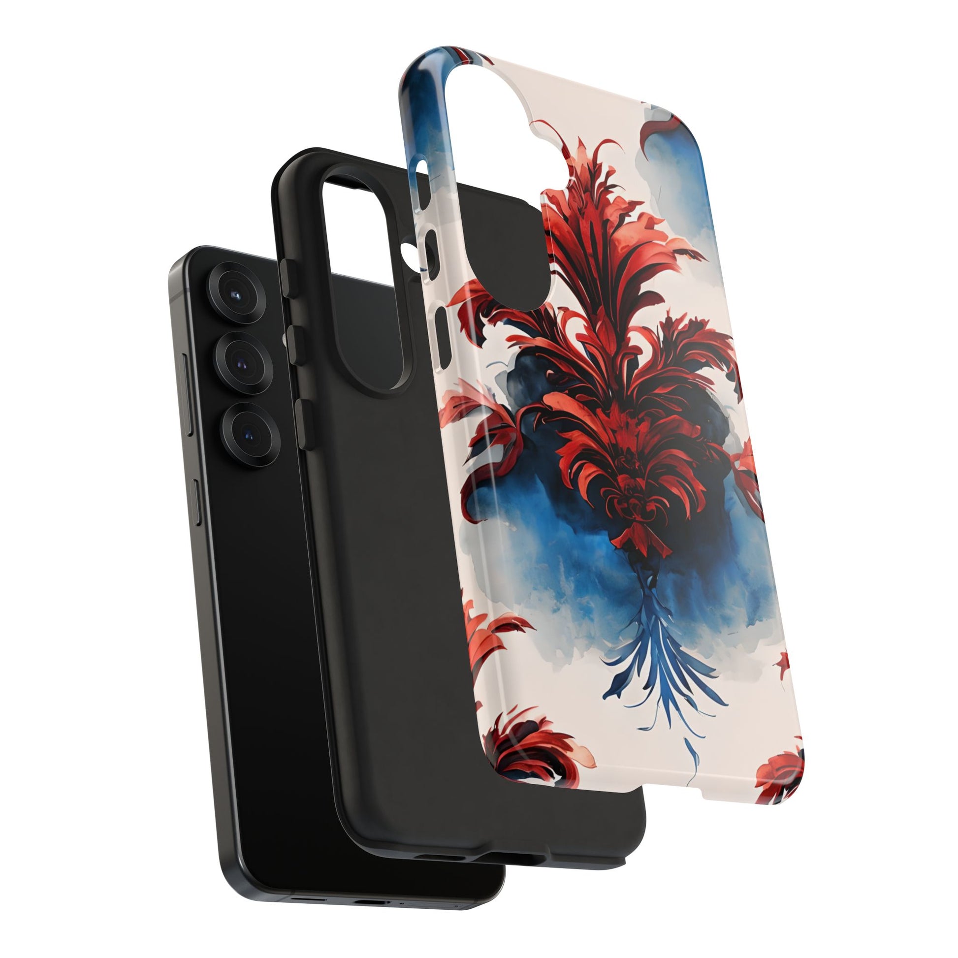 Crimson Plume - Bold Artistic Feather Samsung Galaxy S25 Tough Phone Case - Dramatic Red & Blue Design