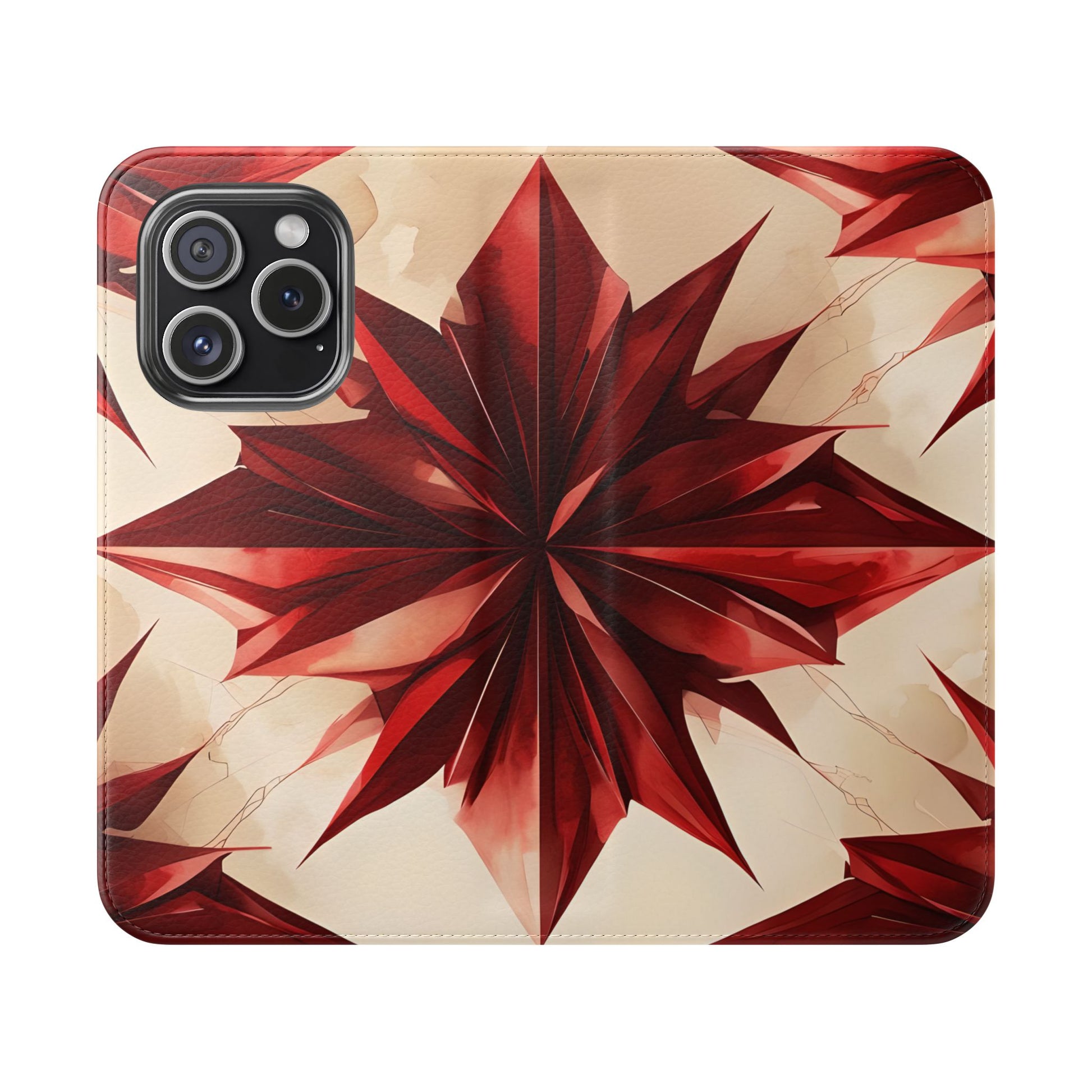 Ruby Compass iPhone 15 Pro Wallet Case - Bold Geometric Flip Cover with Card Slots