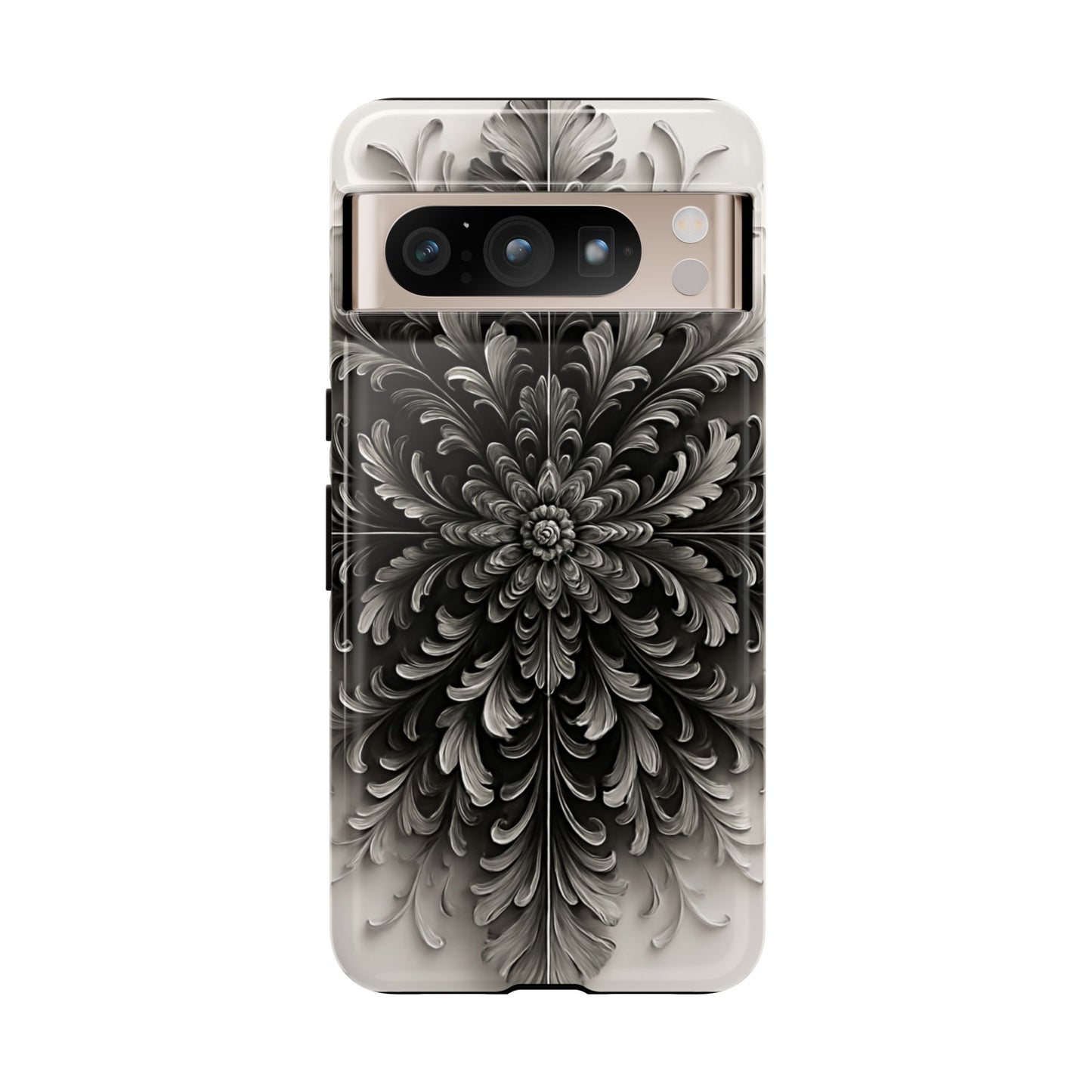 Obsidian Bloom black and silver floral mandala design Google Pixel phone case