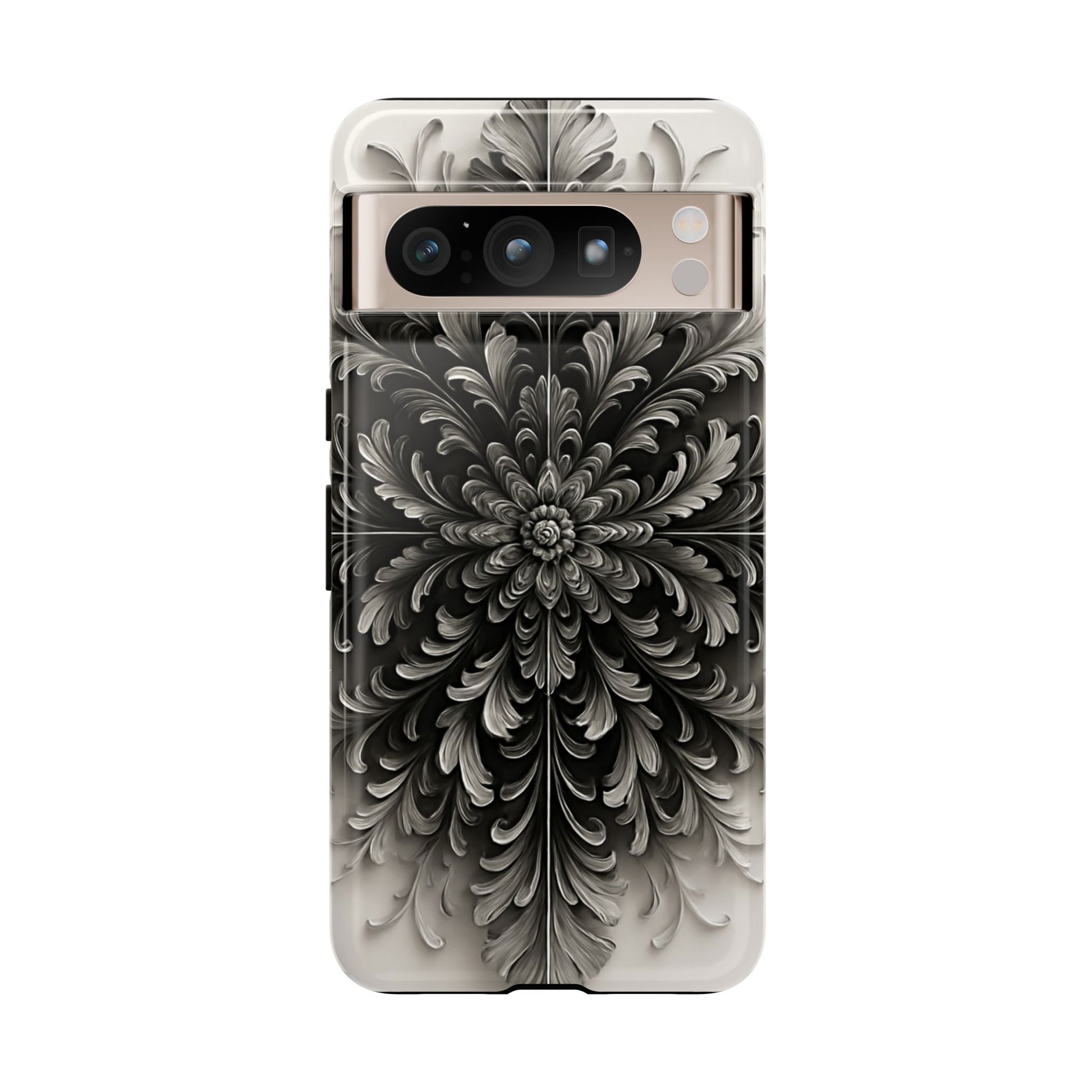 Obsidian Bloom black and silver floral mandala design Google Pixel phone case