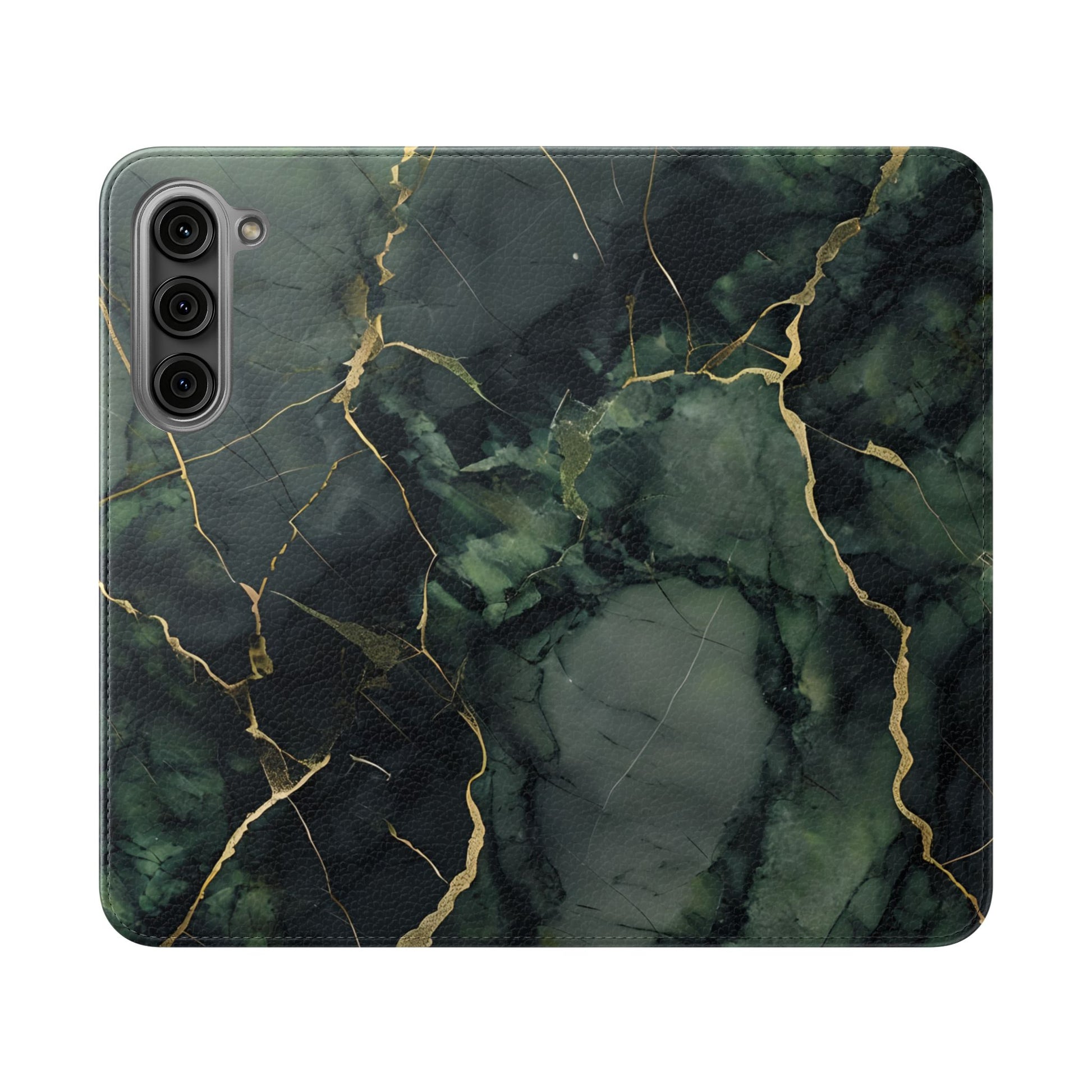 Verdant Vein - Flip Phone Case for Samsung Galaxy S23 Plus - Green and Gold Marble Design