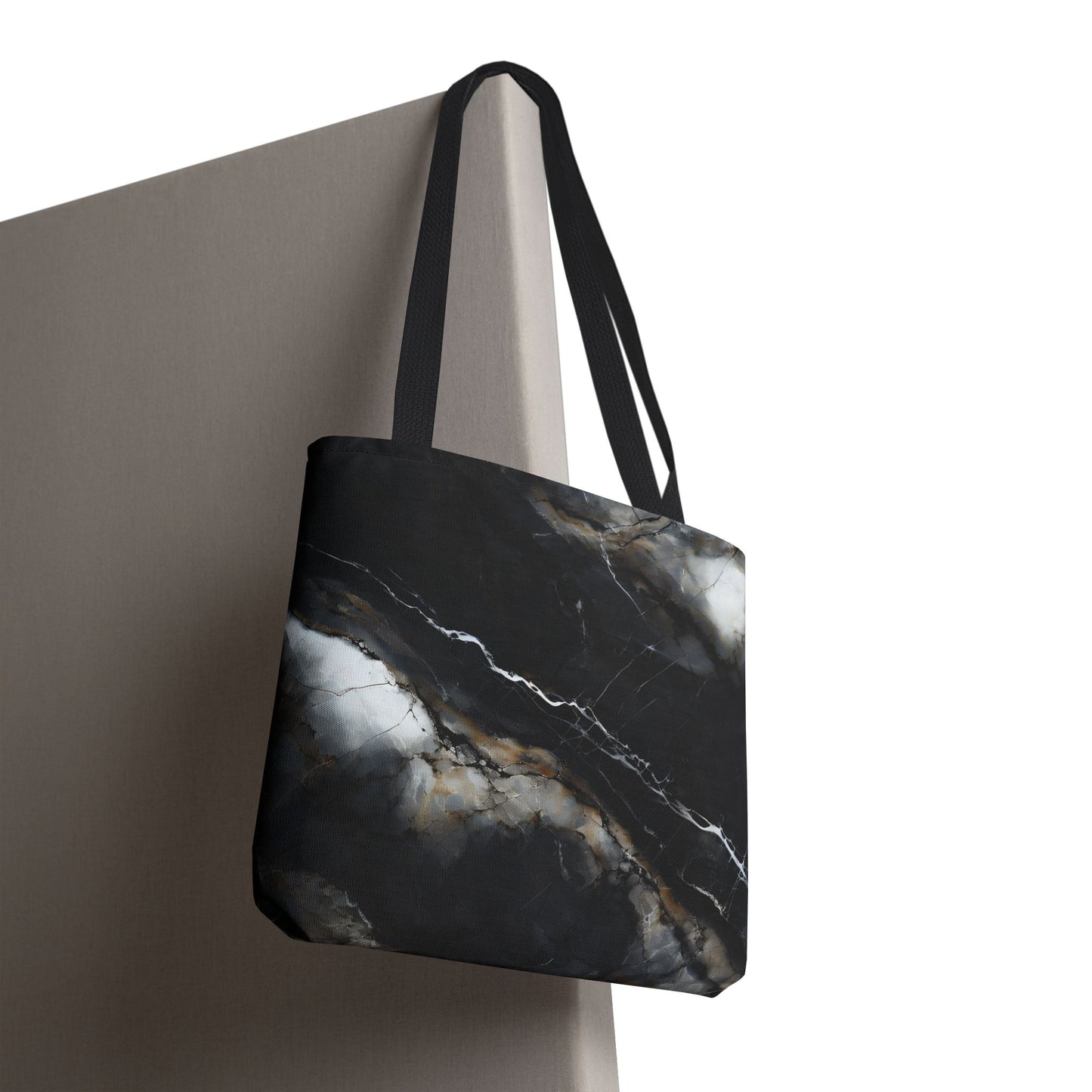 Obsidian Vein canvas tote bag hanging with striking obsidian marble vein design