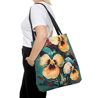 Golden Pansy Canvas Tote Bag (16x16 & 18x18) - Floral Design with Deep Teal Background, Eco-Friendly Shopping Bag