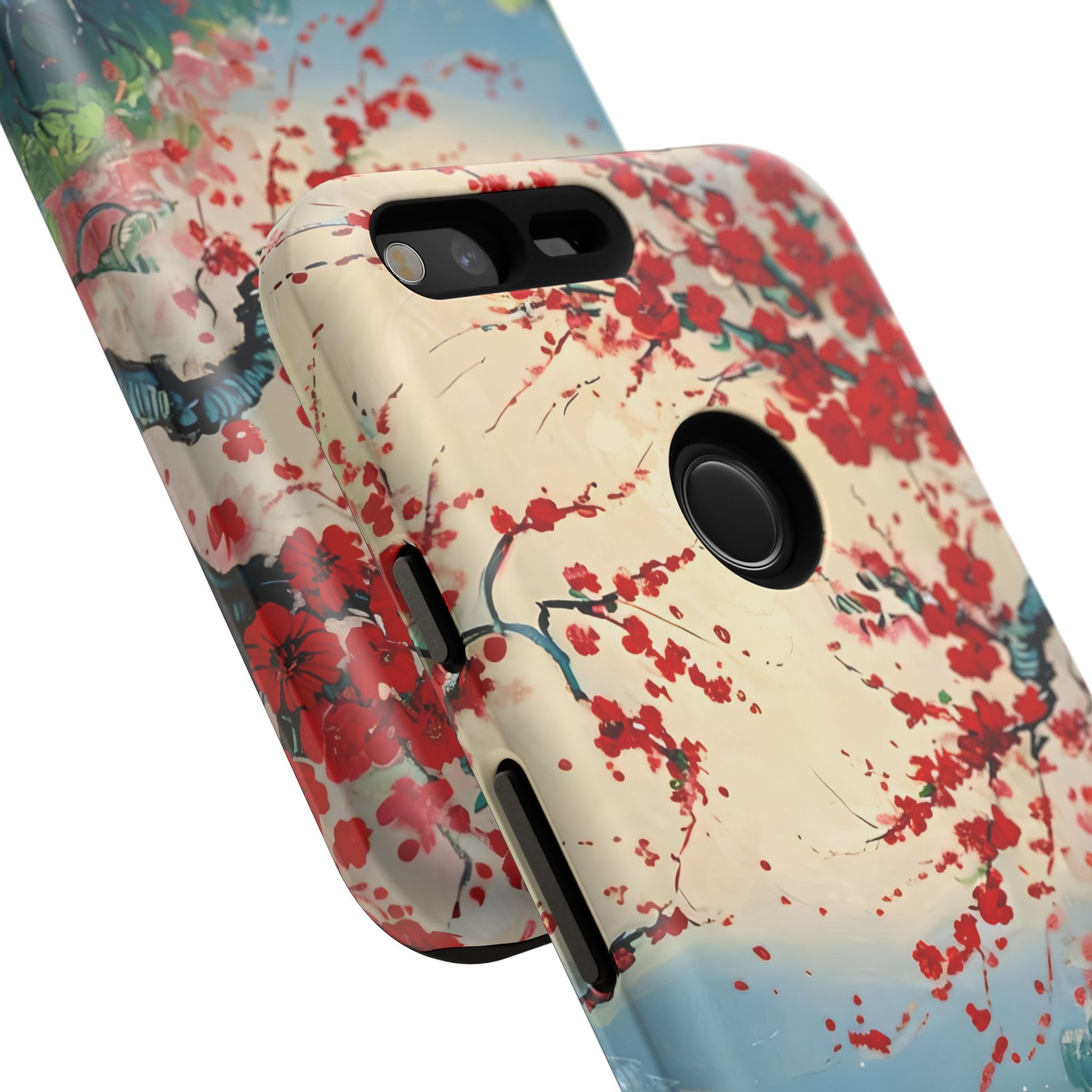 Crimson Blossom Lake - Artistic Floral Landscape Google Pixel XL Tough Phone Case - Red Cherry Blossoms & Serene Lake Design