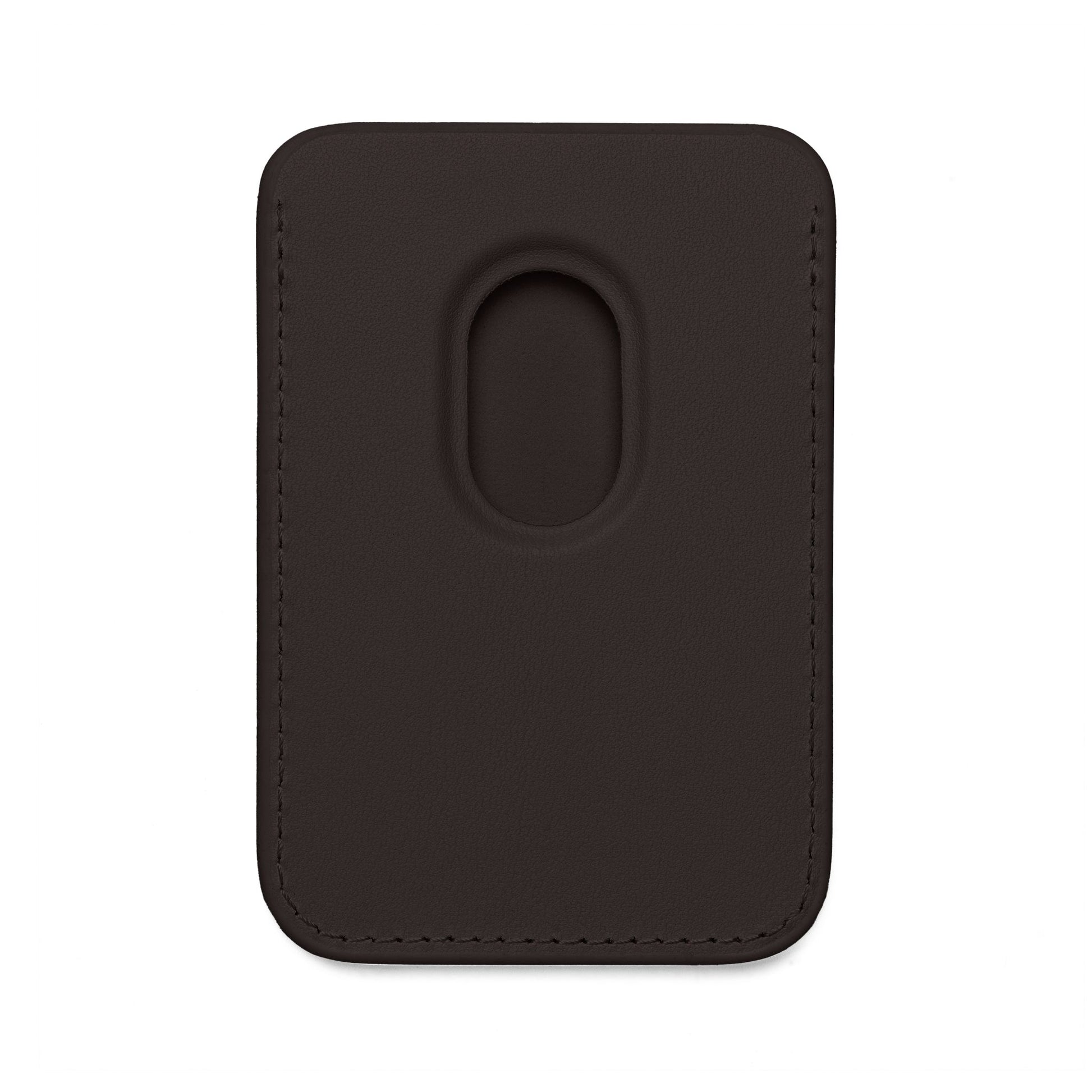 Back view of black MagSafe card holder showing magnetic attachment plate for iPhone