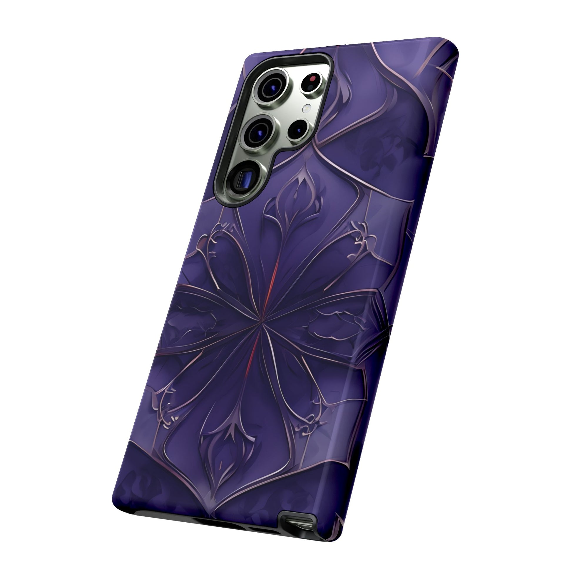 Violet Nebula Samsung Galaxy phone case angled view featuring glossy violet bloom and cosmic line details