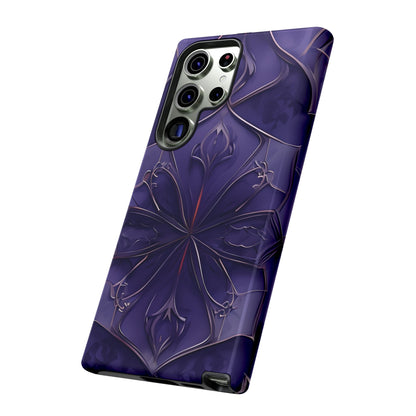Violet Nebula Samsung Galaxy phone case angled view featuring glossy violet bloom and cosmic line details