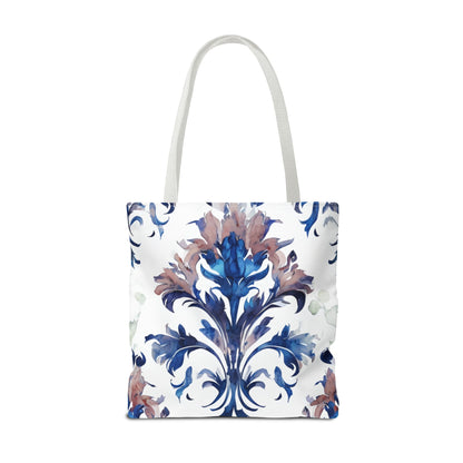 Delft Reverie Tote Bag (16x16 & 18x18)- Dreamy Blue Botanical Scroll on White Canvas, Reusable & Eco-Friendly