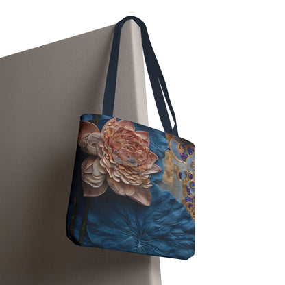 Peony Midnight Tapestry canvas tote bag hanging with elegant midnight floral tapestry pattern