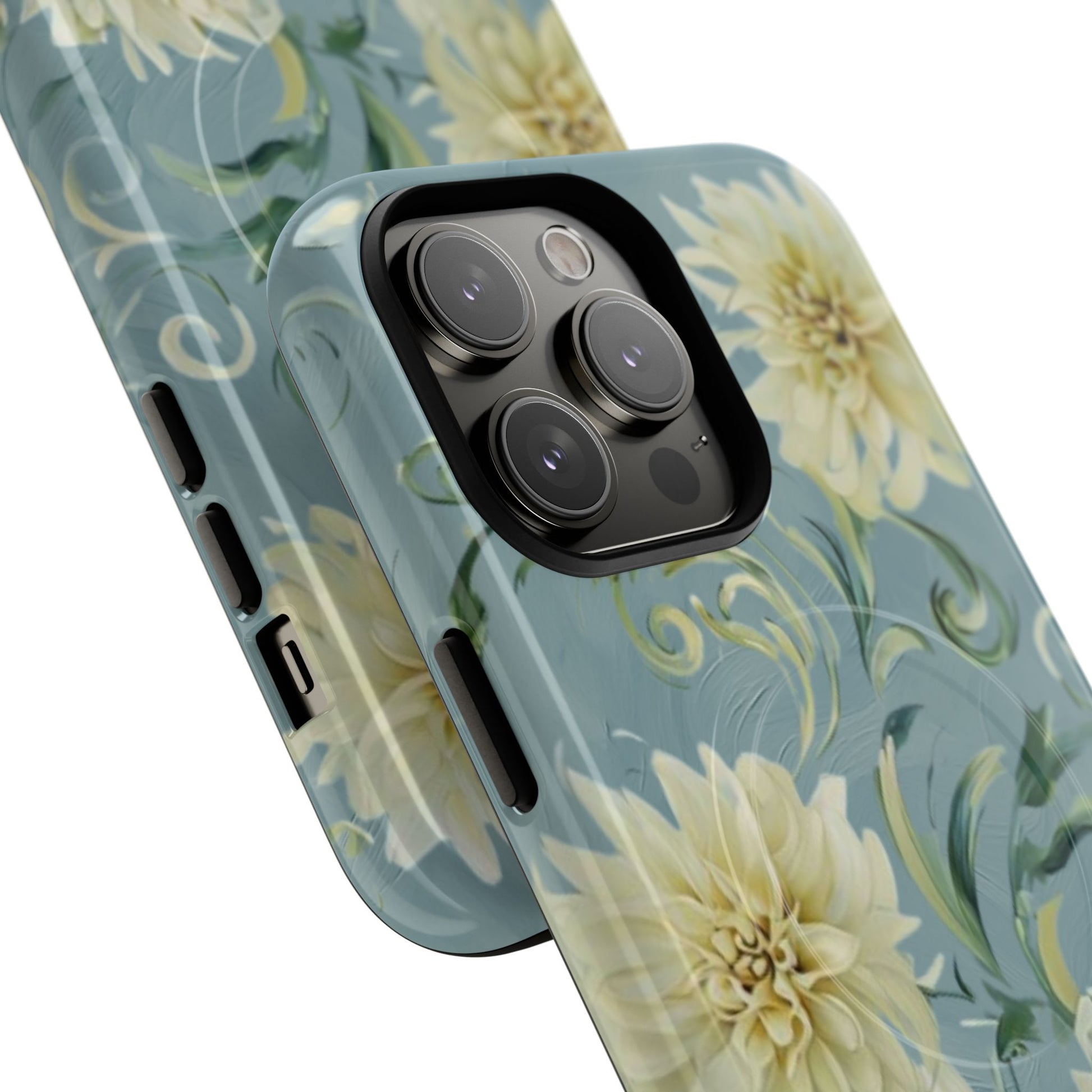 Golden Dahlia Trio - Elegant Floral iPhone 14 Pro Max MagSafe Phone Case - Artistic White & Blue Dahlia Design