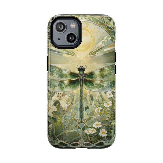 Emerald Dragonfly art nouveau iPhone MagSafe phone case front view with botanical floral design.
