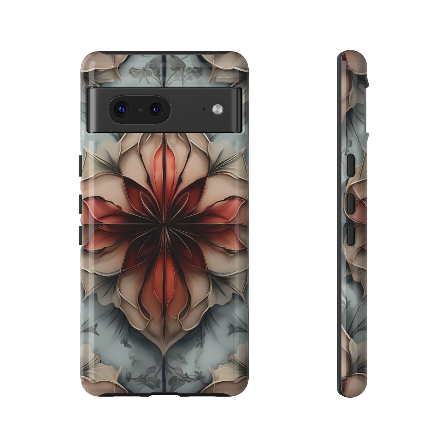 Ember Bloom - Kaleidoscope Collection Artistic Floral - Google Pixel Tough Phone Case - Fiery Symmetrical Design