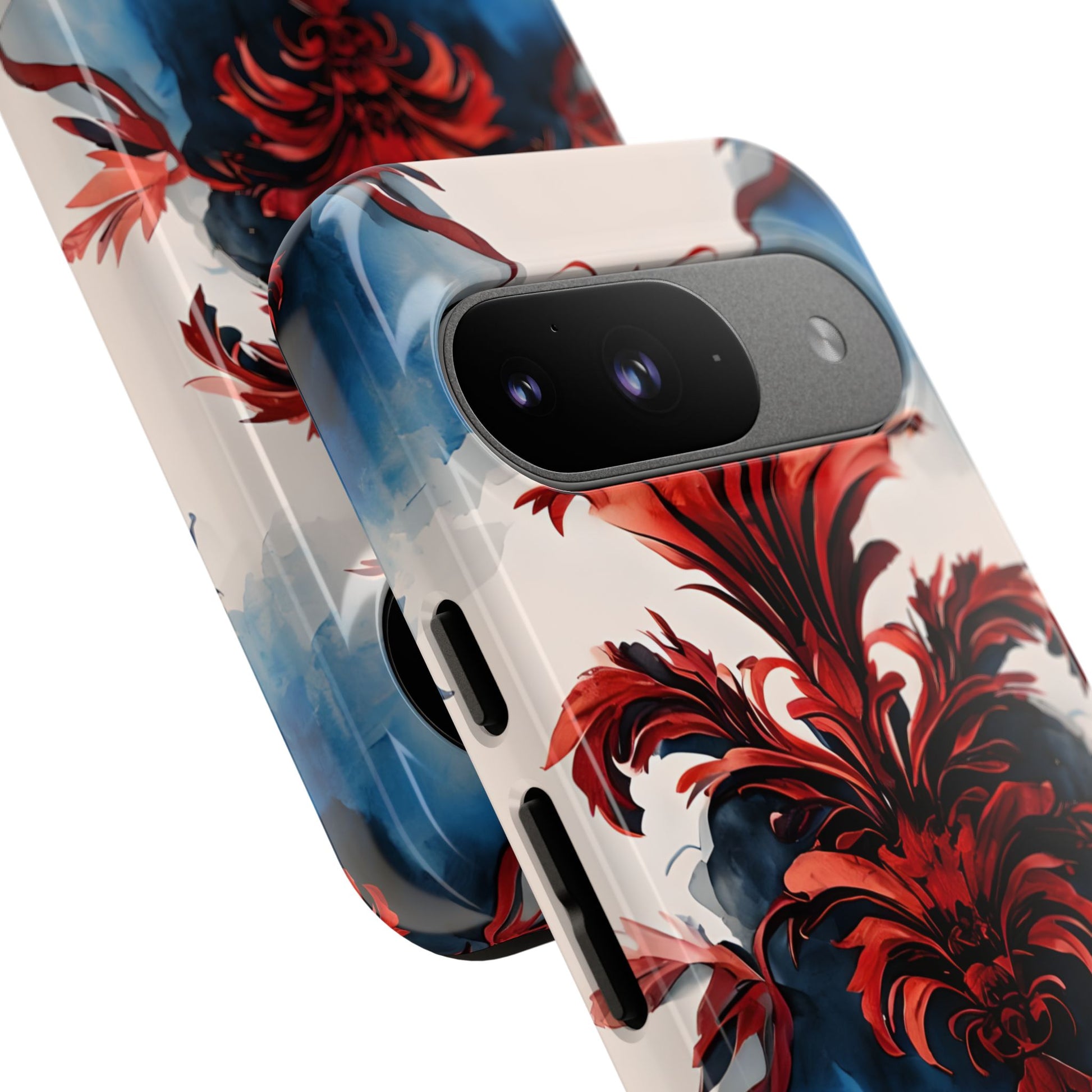 Crimson Plume - Bold Artistic Feather Google Pixel 9 Tough Phone Case - Dramatic Red & Blue Design