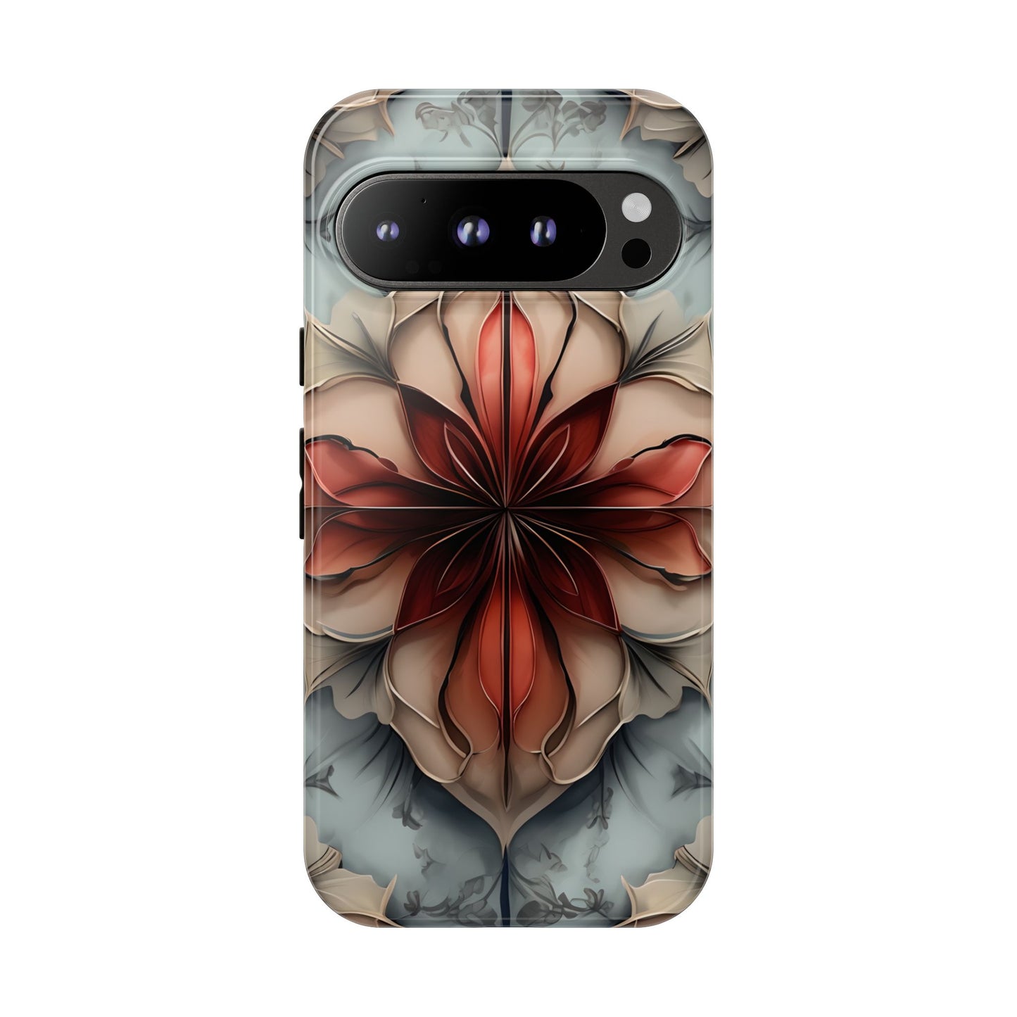 Ember Bloom - Kaleidoscope Collection Artistic Floral - Google Pixel Tough Phone Case - Fiery Symmetrical Design