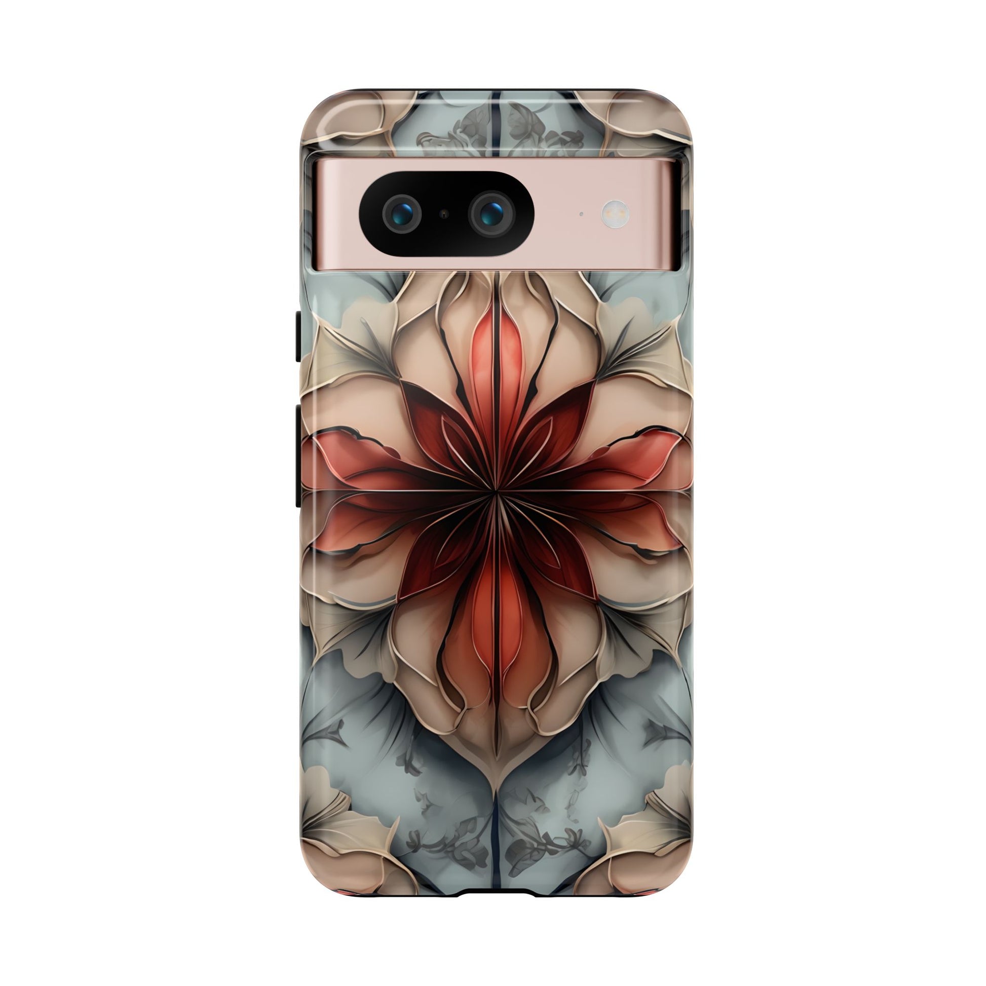 Ember Bloom - Kaleidoscope Collection Artistic Floral - Google Pixel 8 Tough Phone Case - Fiery Symmetrical Design