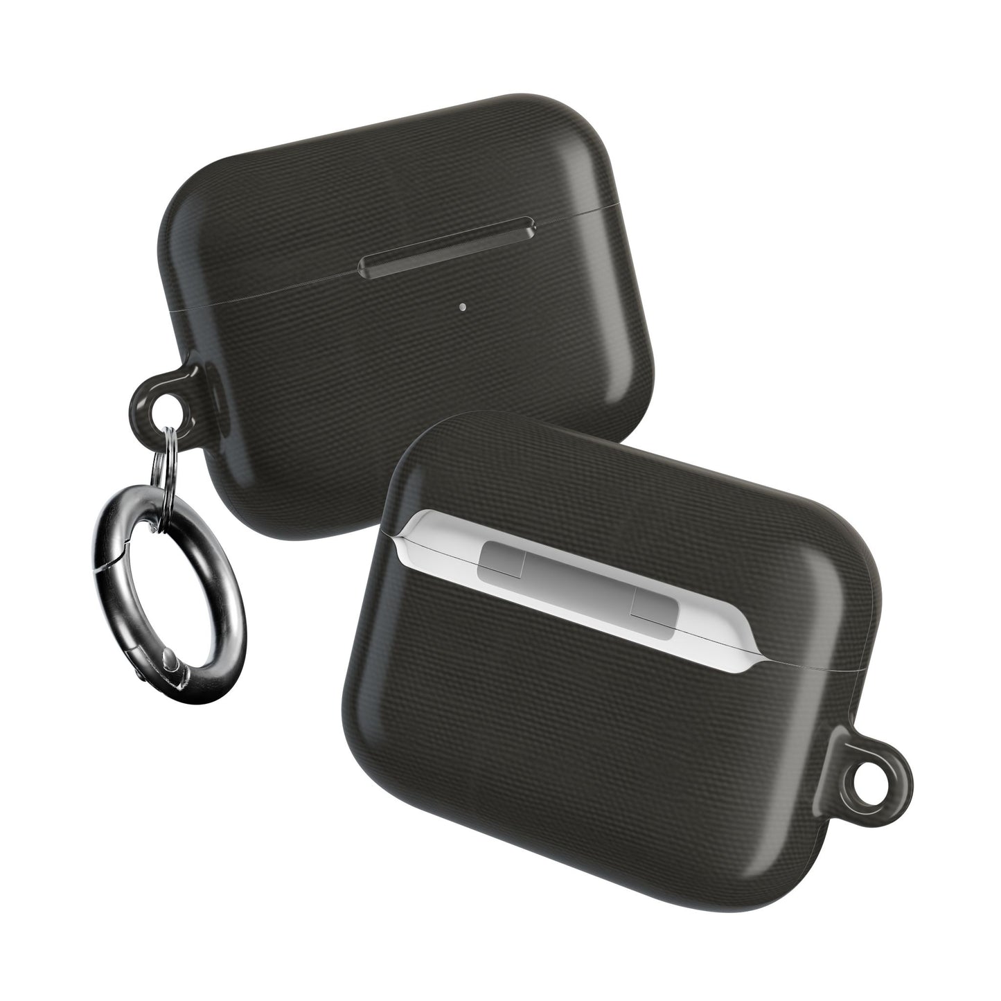 Two Charcoal Linen AirPods cases angled view showing fabric texture on both sides