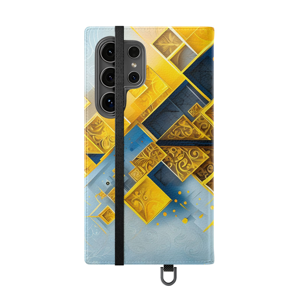 Golden Ascent Wallet Phone Case - Abstract Yellow & Blue Flip Cover for Samsung Galaxy S24 Ultra