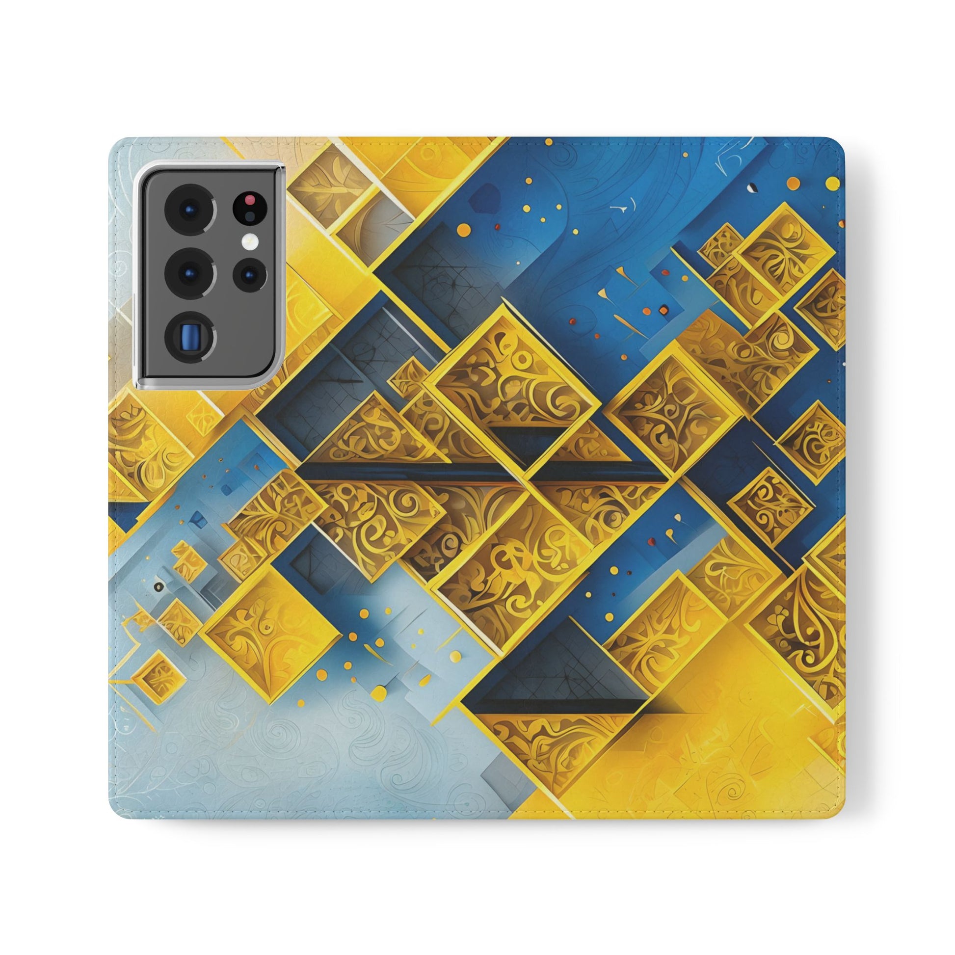 Golden Ascent Wallet Phone Case - Abstract Yellow & Blue Flip Cover for Samsung Galaxy S21 Ultra