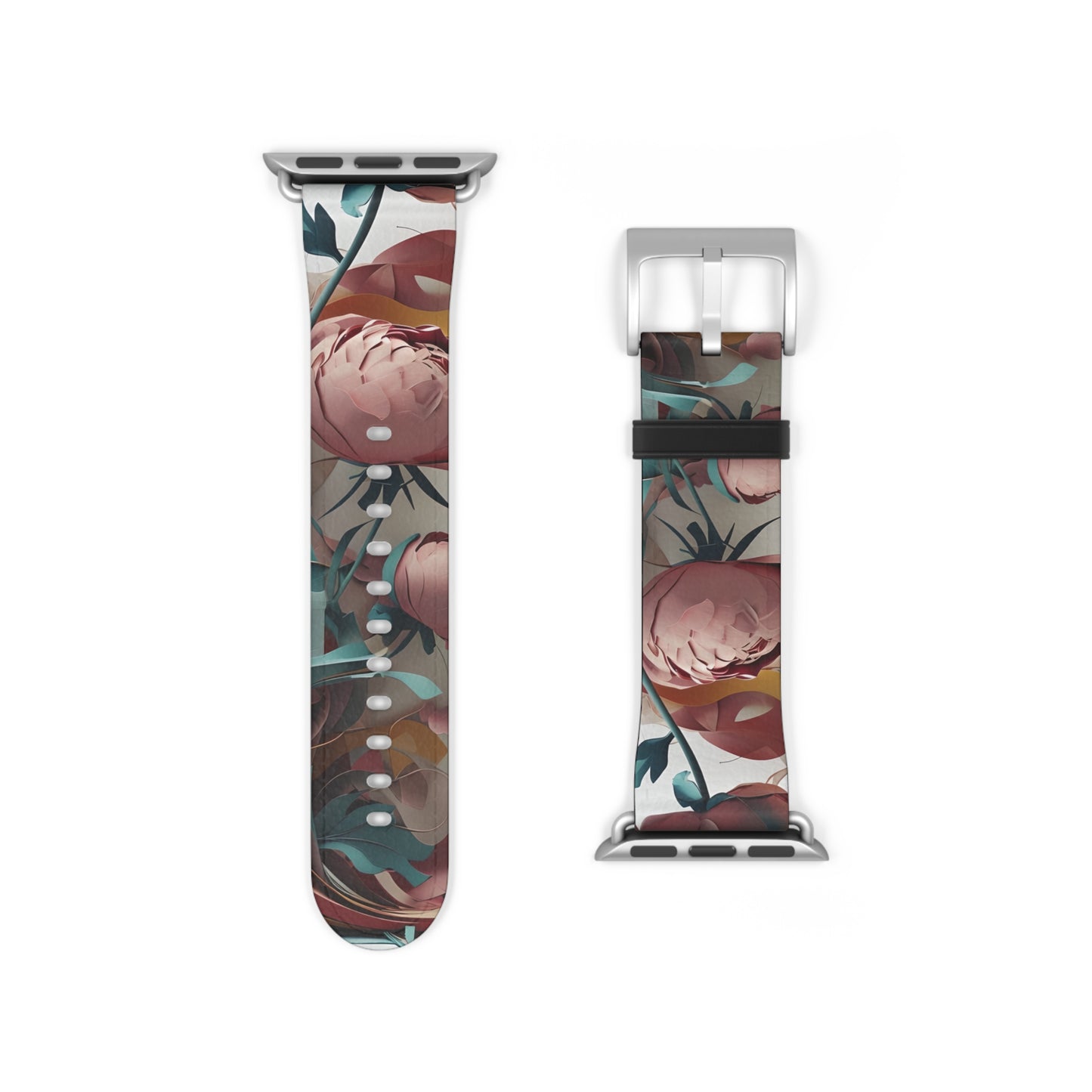Blushing Peony Veil Apple Watch band strap with silver clasp showing delicate pink peony floral pattern
