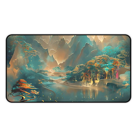 Misty Horizon desk mat featuring dreamy teal and gold abstract landscape design