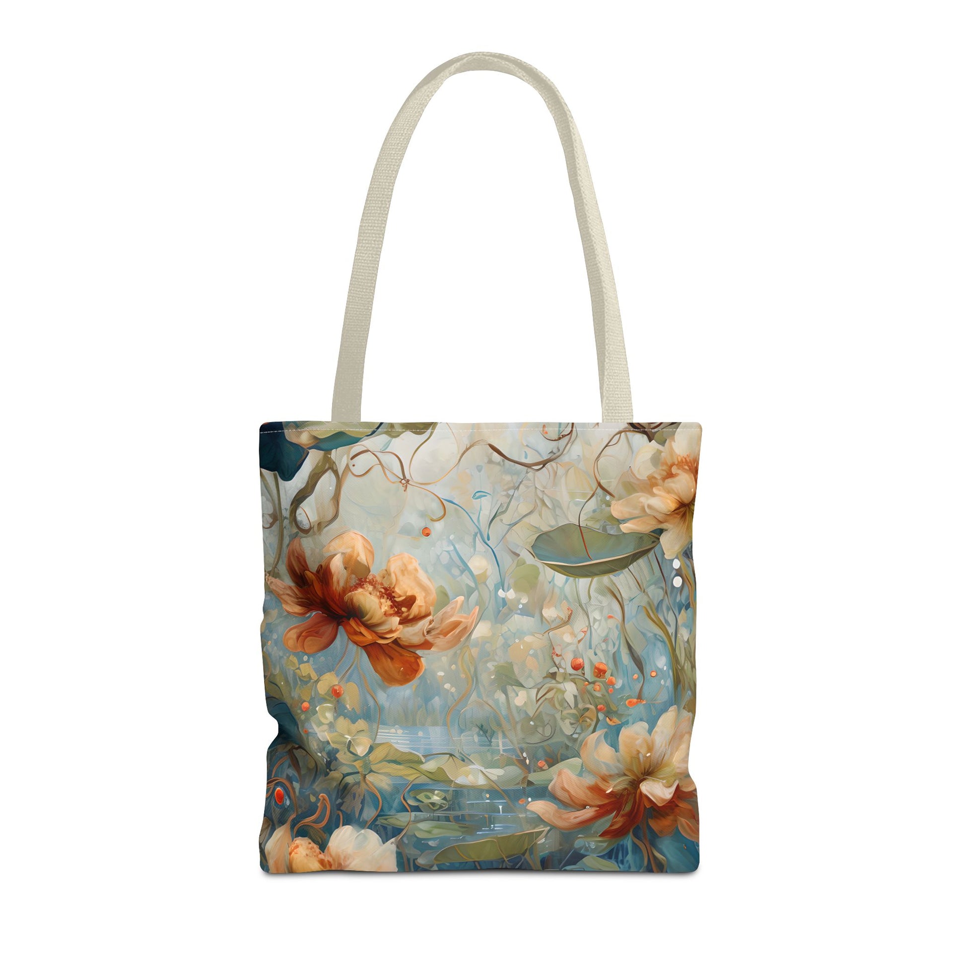 Waterlily Dreamscape canvas tote bag featuring serene waterlily pond artwork with light beige handles
