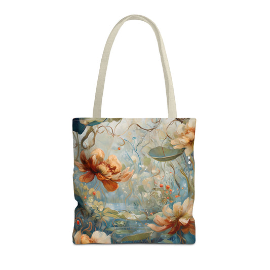 Waterlily Dreamscape canvas tote bag featuring serene waterlily pond artwork with light beige handles
