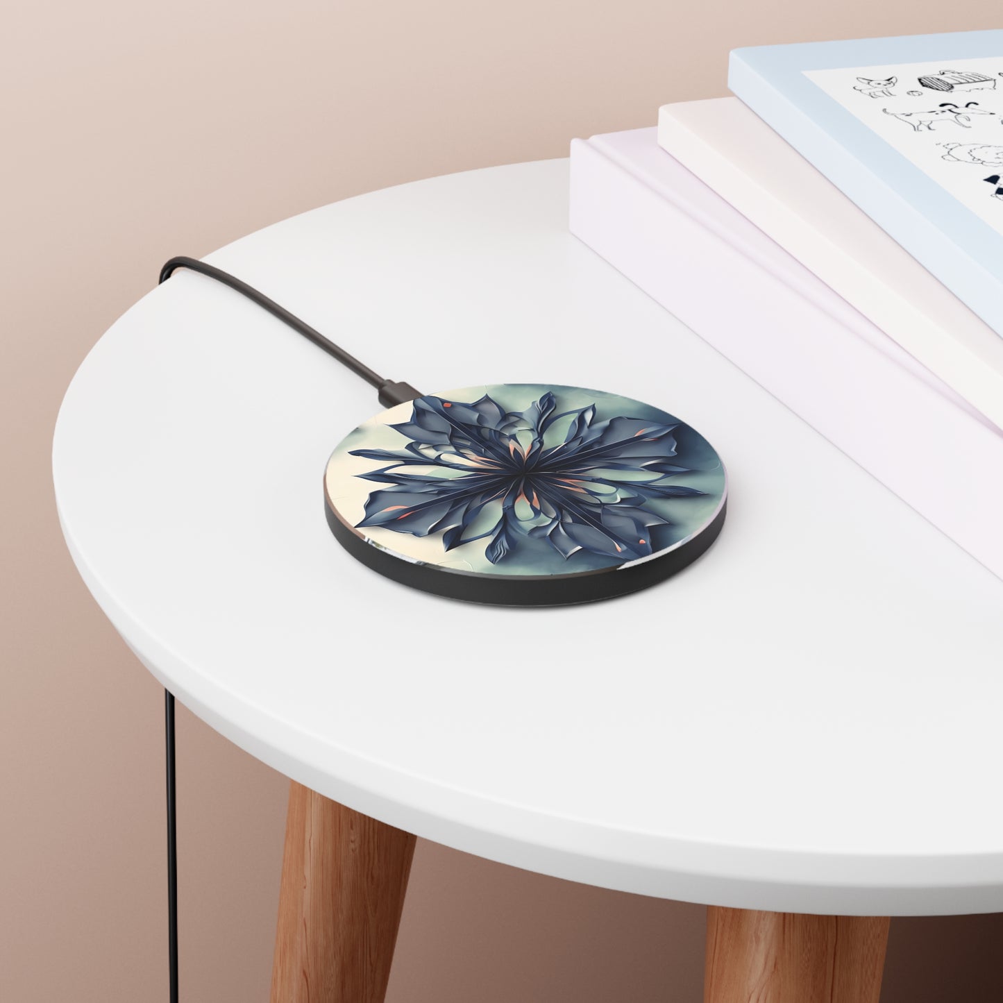 Frosted Indigo Bloom indigo floral mandala art Qi wireless charger on bedside table with books