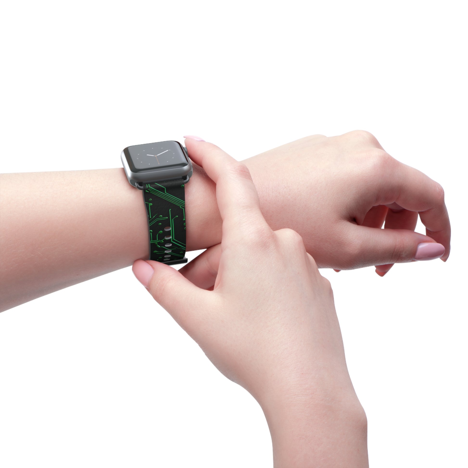 Green Circuit Grid Apple Watch band worn on wrist featuring sleek green circuit board pattern
