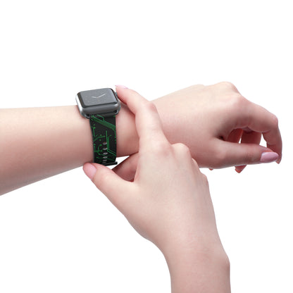 Green Circuit Grid Apple Watch band worn on wrist featuring sleek green circuit board pattern