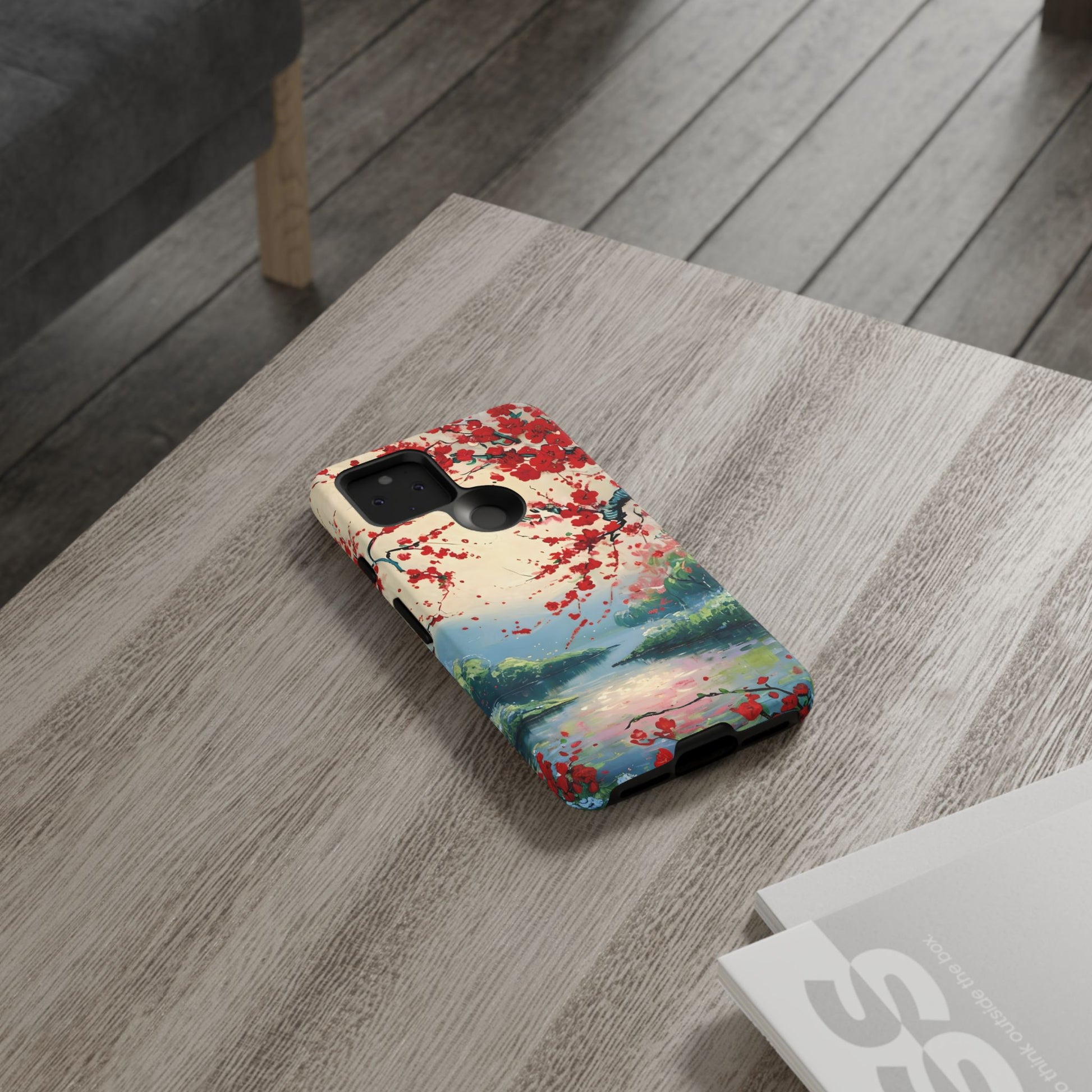 Crimson Blossom Lake - Artistic Floral Landscape Google Pixel 5 5G Tough Phone Case - Red Cherry Blossoms & Serene Lake Design