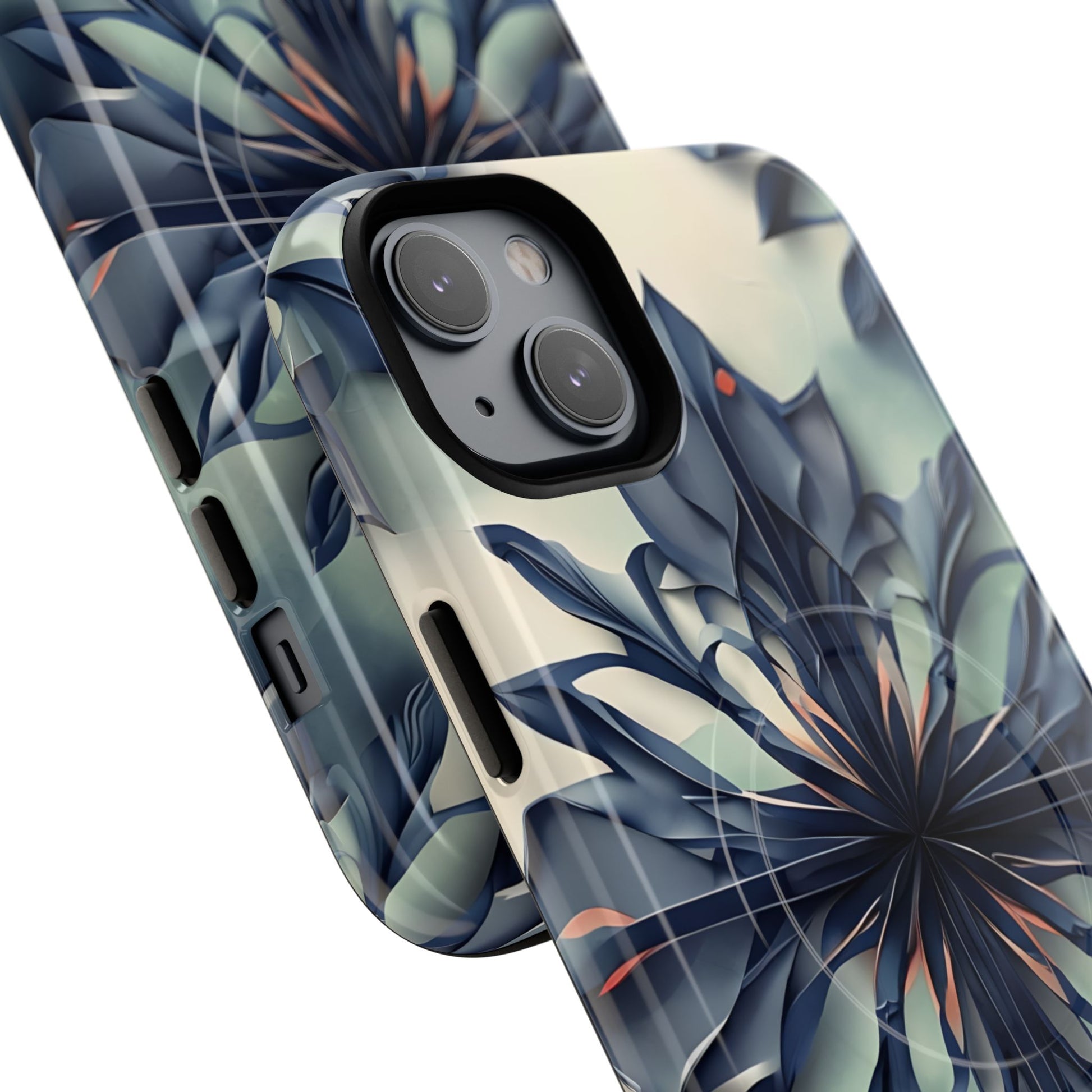 Frosted Indigo Bloom - Artistic Kaleidoscope Collection Artistic Floral - iPhone 14 Plus MagSafe Phone Case -Blue Symmetrical Design