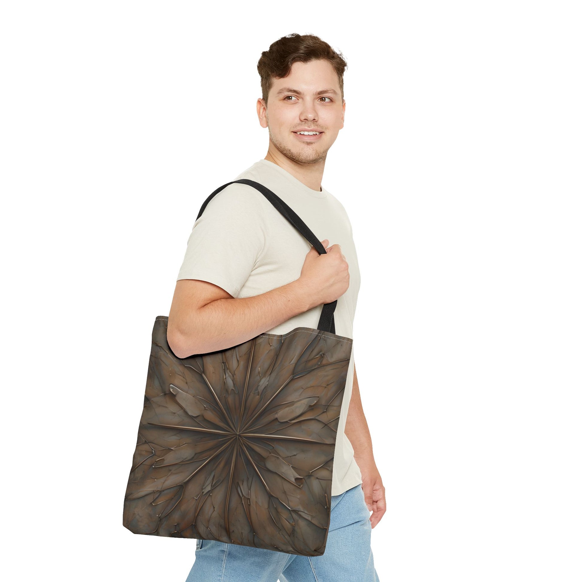 Earthstone Mandala Tote (16x16 & 18x18)- Centered Brown Geometric Pattern with Black Handle, Durable & Eco-Friendly Canvas