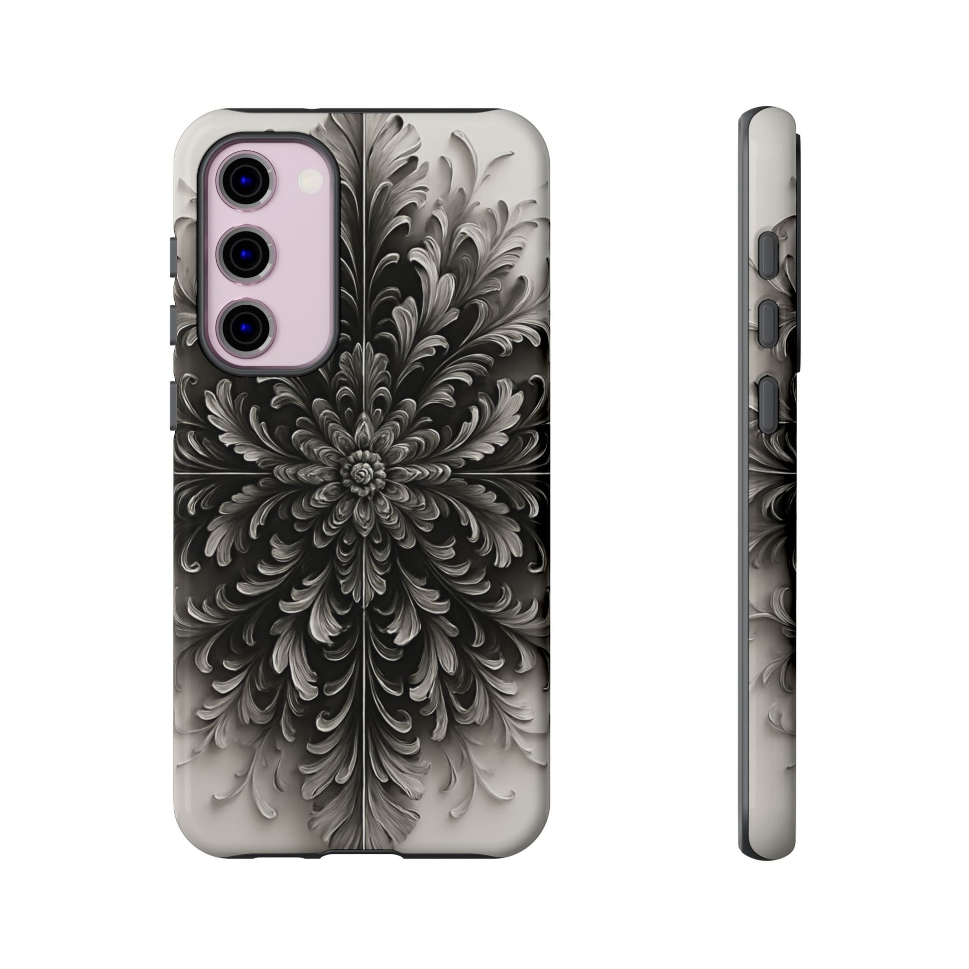 Obsidian Bloom - Elegant Black & White Samsung Galaxy S23 Plus Tough Phone Case - Intricate Mandala Flower Design