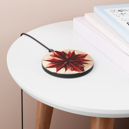 Ruby Compass red compass rose art Qi wireless charger on bedside table with books