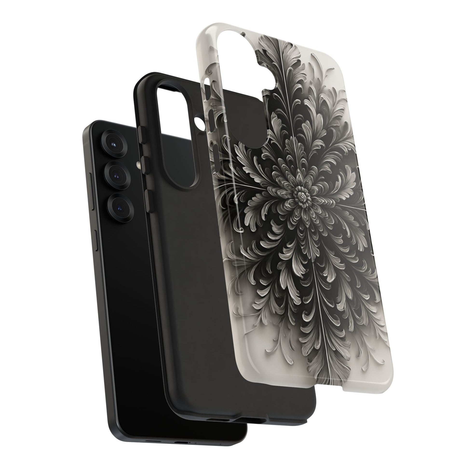 Obsidian Bloom - Elegant Black & White Samsung Galaxy S25 Plus Tough Phone Case - Intricate Mandala Flower Design