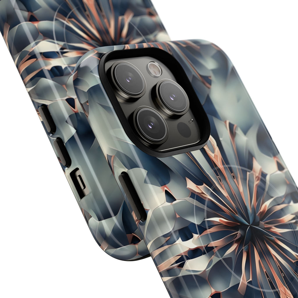 Obsidian Kaleidoscope Artistic Floral Burst - iPhone 14 Pro Max MagSafe Phone Case -Blue, Peach and Silver Symmetrical Design