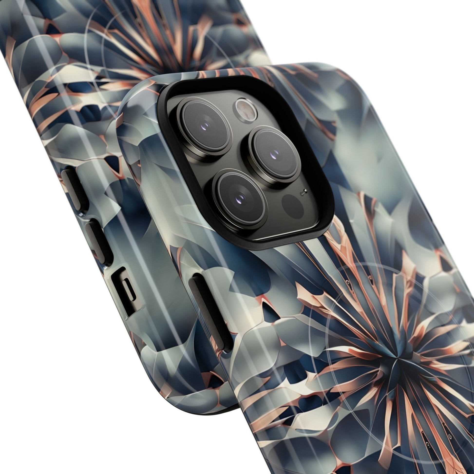 Obsidian Kaleidoscope Artistic Floral Burst - iPhone 14 Pro Max MagSafe Phone Case -Blue, Peach and Silver Symmetrical Design
