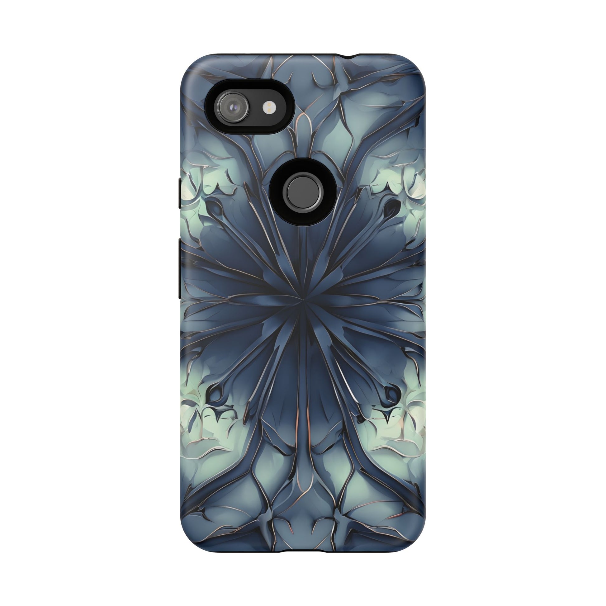 Indigo Mosaic - Artistic Kaleidoscope Collection Artistic Floral - Google Pixel 3a XL Tough Phone Case - Bold Blue Symmetrical Design